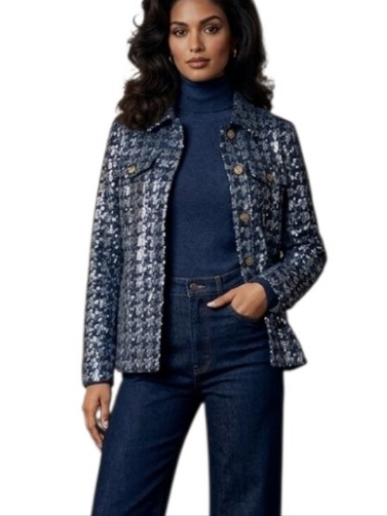 Six Fifty Jackets & Blazers - NWt Six/Fifty Sequin Crop Style Denim Herringbone Jacket Dark Blue XS